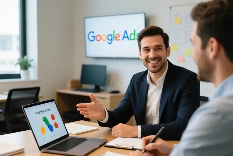 Freelance Google Ads échangeant avec un client sur une stratégie publicitaire